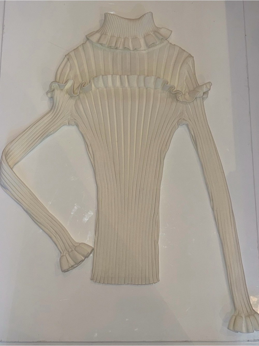 cinq a sept Cream Ribbed Ruffle Turtleneck Bodysuit